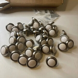 45 loves Vtg Brass and White Porcelain Drawer Pulls Knobs National Lock